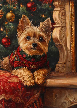 Yorkie Christmas Portrait | Holiday Dog Fireplace Portrait