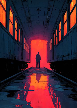 Silhouette in Train Depot with Reflections