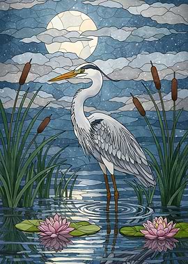Heron in Water with Lily Pads