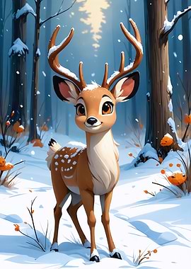 Cartoon Deer in Winter Forest