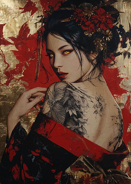Geisha with Floral Tattoo and Kimono