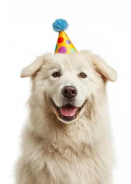 Great Pyrenees Dog with Party Hat