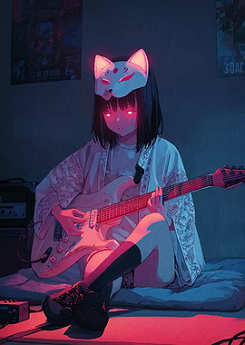 Anime Girl with Fox Mask Playing Guitar
