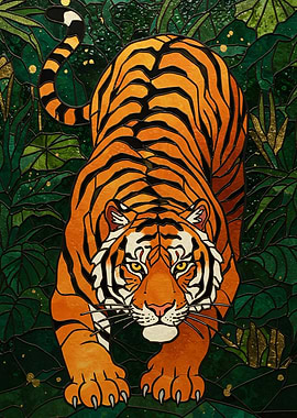 Tiger in Jungle Stained Glass