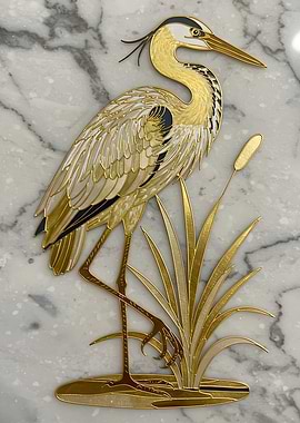 Elegant Golden Heron with Cattails Artwork
