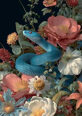 Blue Snake Among Flowers