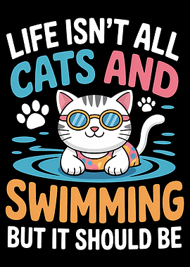 Cats and Swimming Cartoon Illustration