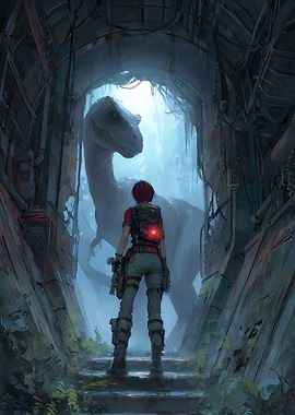 Woman facing dinosaur in tunnel