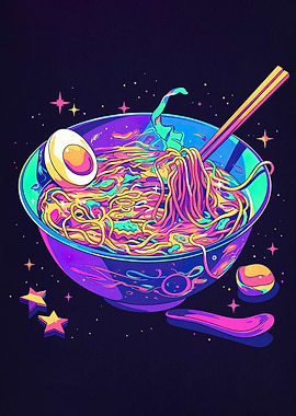 Neon Ramen Bowl with Egg and Chopsticks