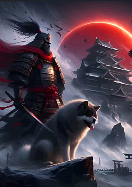 Samurai Warrior and Castle Under Red Moon