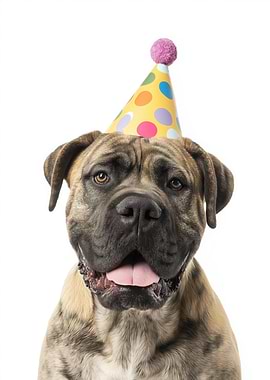 Bullmastiff Dog with Birthday Hat Portrait