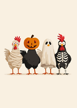 Halloween Chickens in Costume Illustration