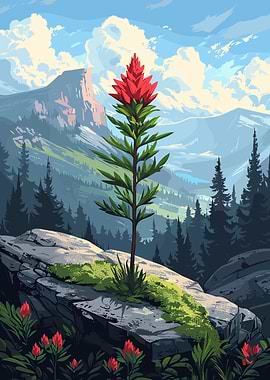 Mountain Landscape with Red Flower
