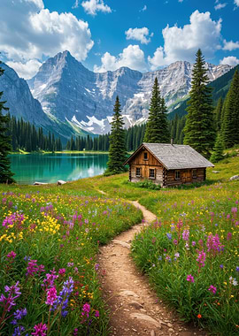 Mountain Cabin with Flower Meadow
