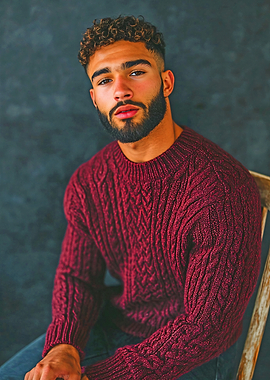 Man in Burgundy Cable Knit Sweater