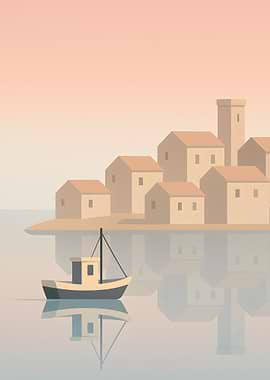 Minimalist Coastal Village with Boat Reflection