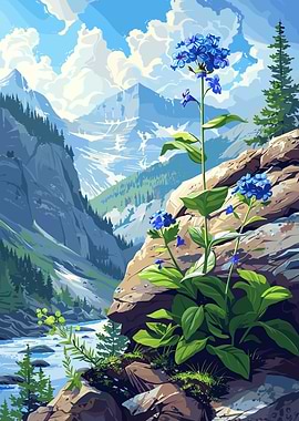 Blue Flowers in Mountain Landscape