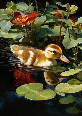 Duckling in Pond with Lily Pads