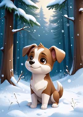 Cartoon Dog in Winter Forest