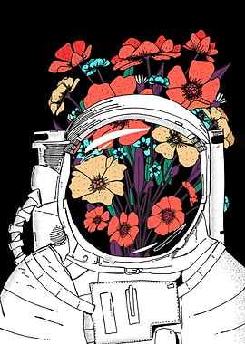 Astronaut Helmet Filled with Flowers