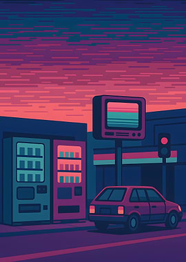Retro Pixel Art Cityscape at Dusk