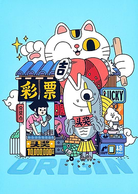 Cartoon Lucky Storefront with Cat and Fish