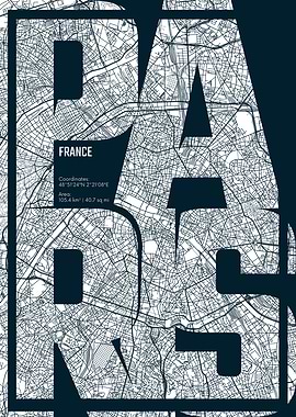 Paris France Map Typography Art