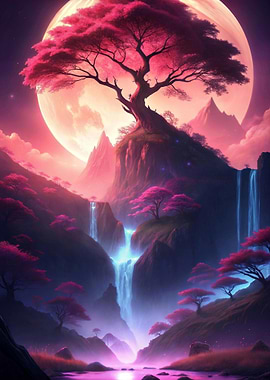 Pink Tree Landscape with Waterfall