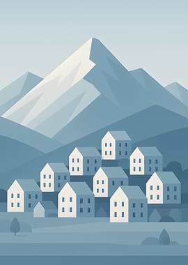 Minimalist Mountain Village Illustration
