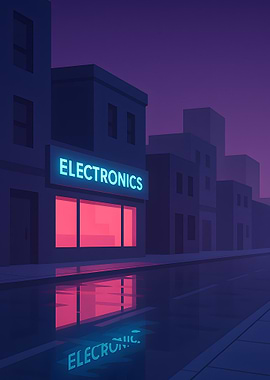 Neon Electronics Store at Night