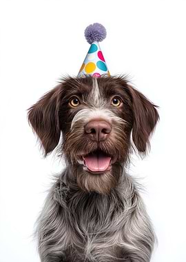 Party German Wirehaired Pointer Dog Portrait with Birthday Hat