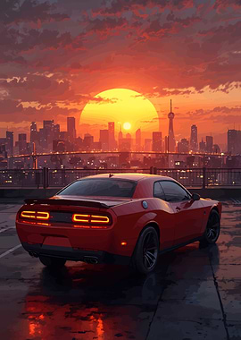 Dodge Charger Sunset Cityscape