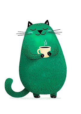 Green Cat with Coffee Cup
