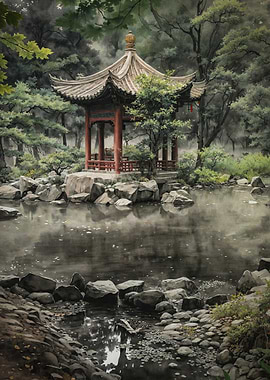 Asian Garden Pavilion Watercolor Painting