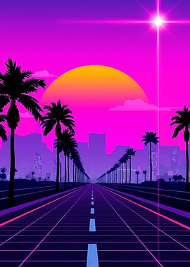 Synthwave Road with Palm Trees
