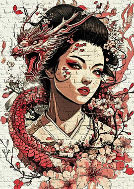 Geisha with Dragon and Cherry Blossoms