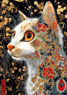Ornate Cat Portrait with Floral Details