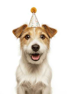 Russell Terrier Dog with Party Hat Portrait