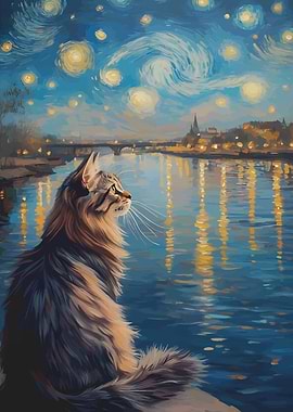 Cat gazing at Starry Night river