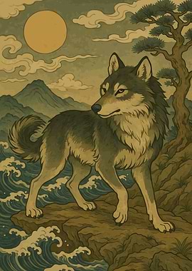 Wolf on Cliff with Japanese Landscape