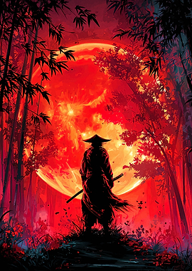 Samurai in Red Forest with Moon