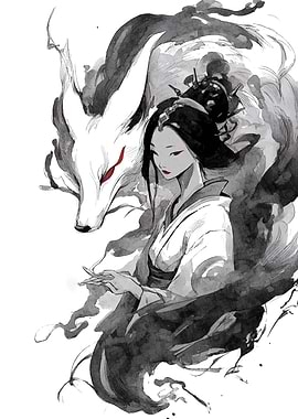 Woman with Fox Spirit Ink Painting