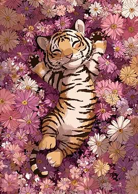 Tiger Cub Sleeping in Flowers
