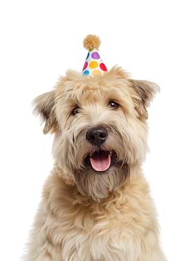 Soft-coated Wheaten Terrier with Birthday Hat