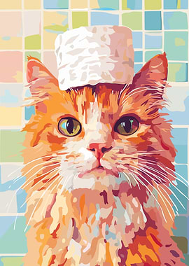 Cat with Toilet Paper Hat