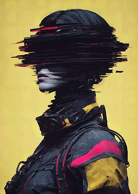 Cyberpunk Glitch Portrait on Yellow Background