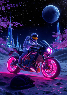 Astronaut on Neon Motorcycle with Cat