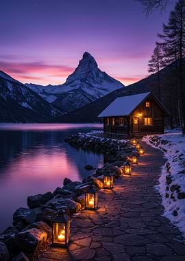 Winter Cabin at Dusk with Lanterns
