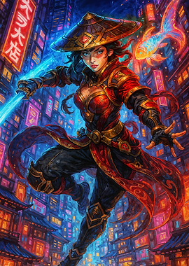 Cyberpunk Samurai Girl with Glowing Sword in Cyberpunk Cityscape