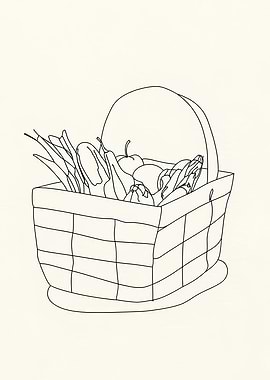 Fruit and Vegetable Basket Minimalist Line Art